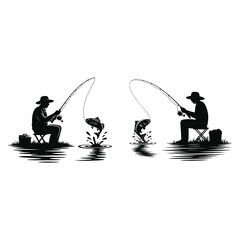 Fishing Man Silhouette Catching Fish Jumping Out of Water in Flat Vector Style