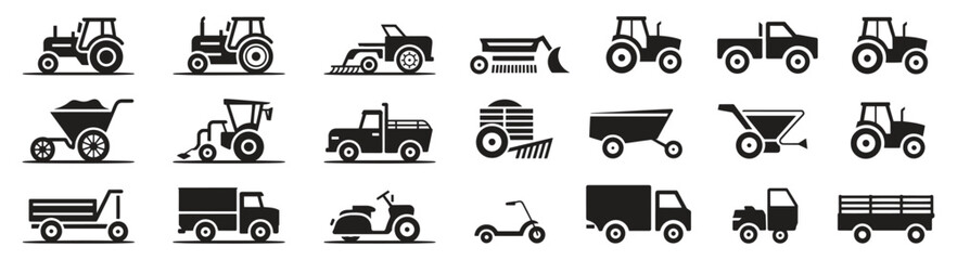 Black Silhouette Farming Vehicles and Equipment Icon Set