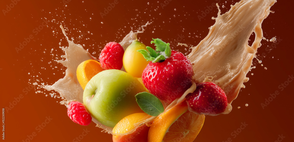 Poster a vibrant display of various fresh fruits splashing into cream, showcasing the dynamic action of pre