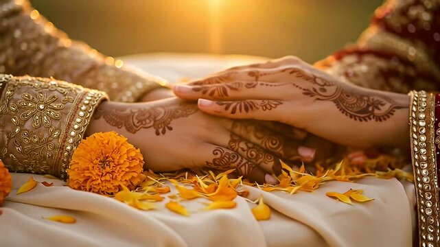 Close Up of Bride and Groom Hands Decorated with Henna at Golden Hour Wedding Ceremony with Orange Flowers and Beige Fabric in Soft Lighting