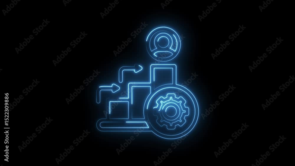 Poster glowing neon icon animation depicting progress management and automation on a black background