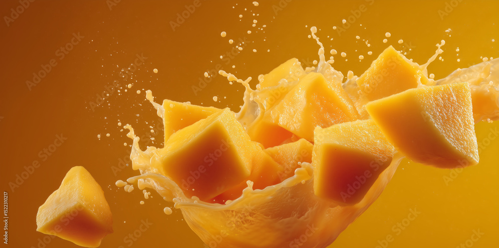 Poster fresh mango chunks are caught in mid-air as they splash into a bright orange juice. the dynamic moti