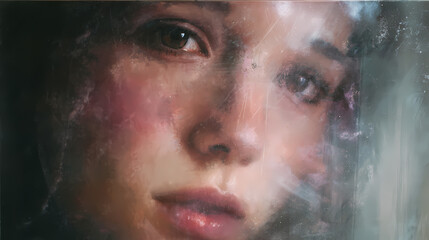 mental health awareness artwork | emergence through emotion | emotive claustrophobia | wet blush and fog white | close facial crop | fogged glass portrait | steam-blurred contour | optical blending |