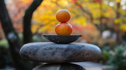 An ode to balance apple and orange tower precariously atop a zen rock stack inviting mindful contemplation with soft