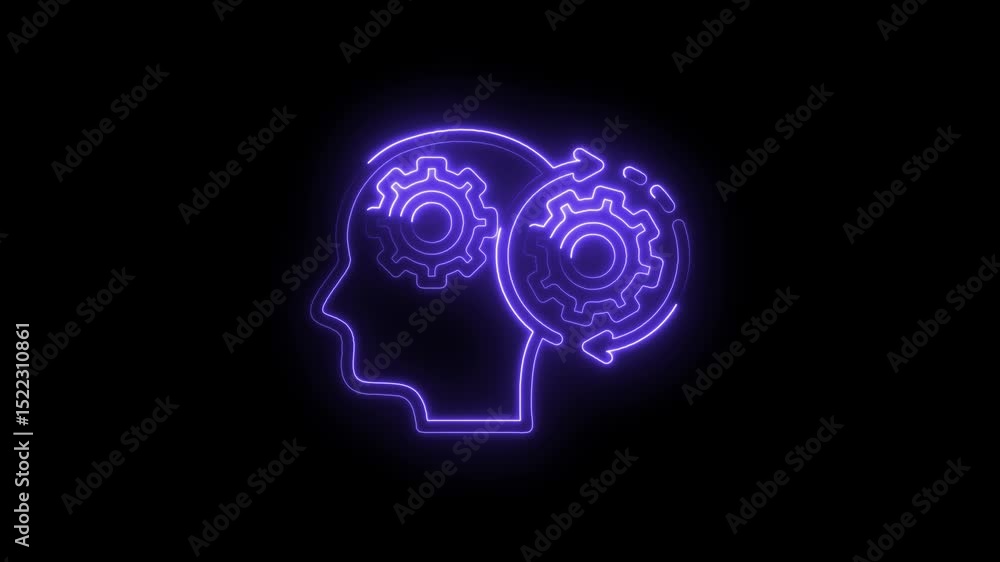Poster neon head with gears processing innovation and artificial intelligence on dark background concept