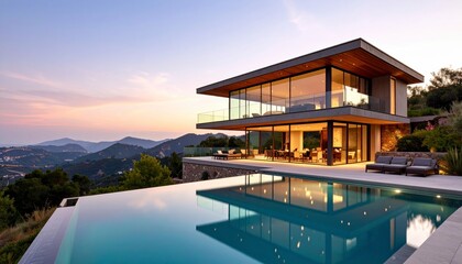 Fototapeta premium Luxurious modern home with infinity pool overlooking scenic mountain landscape at sunset showcases architectural design and opulent outdoor living experience.