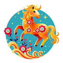 Colorful Floral Horse in Chinese Folk Art Style — Vector Illustration