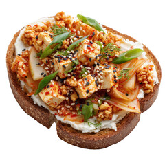 Vegan kimchi and tofu toast. Whole grain bread spread with vegan cream cheese, topped with fermented kimchi, crumbled tofu, sesame seeds. Isolated object, transparent background	
