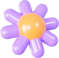 3D Playful purple flower shape, creative summer graphic nature floral form isolated clipart. Render of simple cute modern y2k illustration