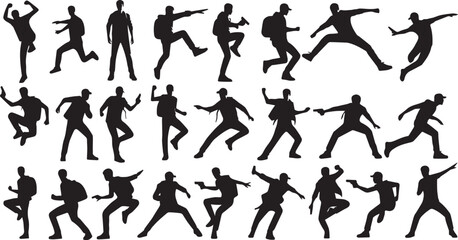 Dynamic Man in Action Black Silhouettes, Vector Style