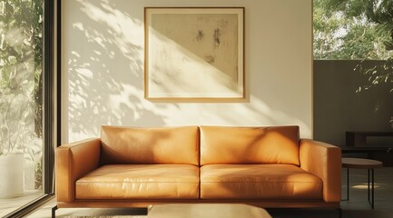Sunny living room with tan leather couch and art
