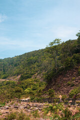 Tropical mountain slope with winding road and lush vegetation on Cham Islands, Vietnam. A remote scenic route with natural colors and rock formations.
