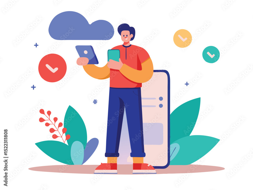 Fototapete man using mobile devices cloud computing technology vector