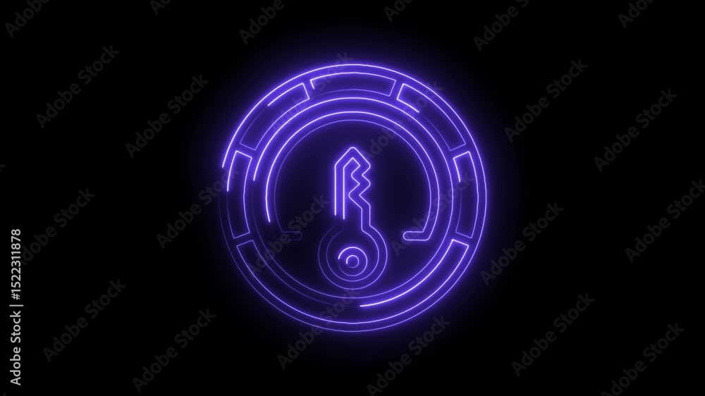 Poster animated neon key icon on black background for cybersecurity and access control