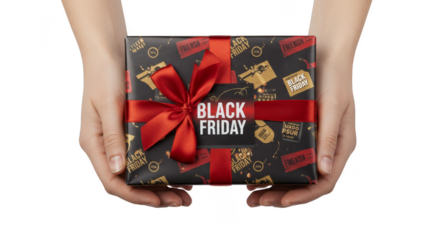Isolated Hands Holding Wrapped Black Friday Gift on Transparent Background