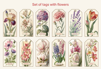 Set of flower tags. Botanical illustration