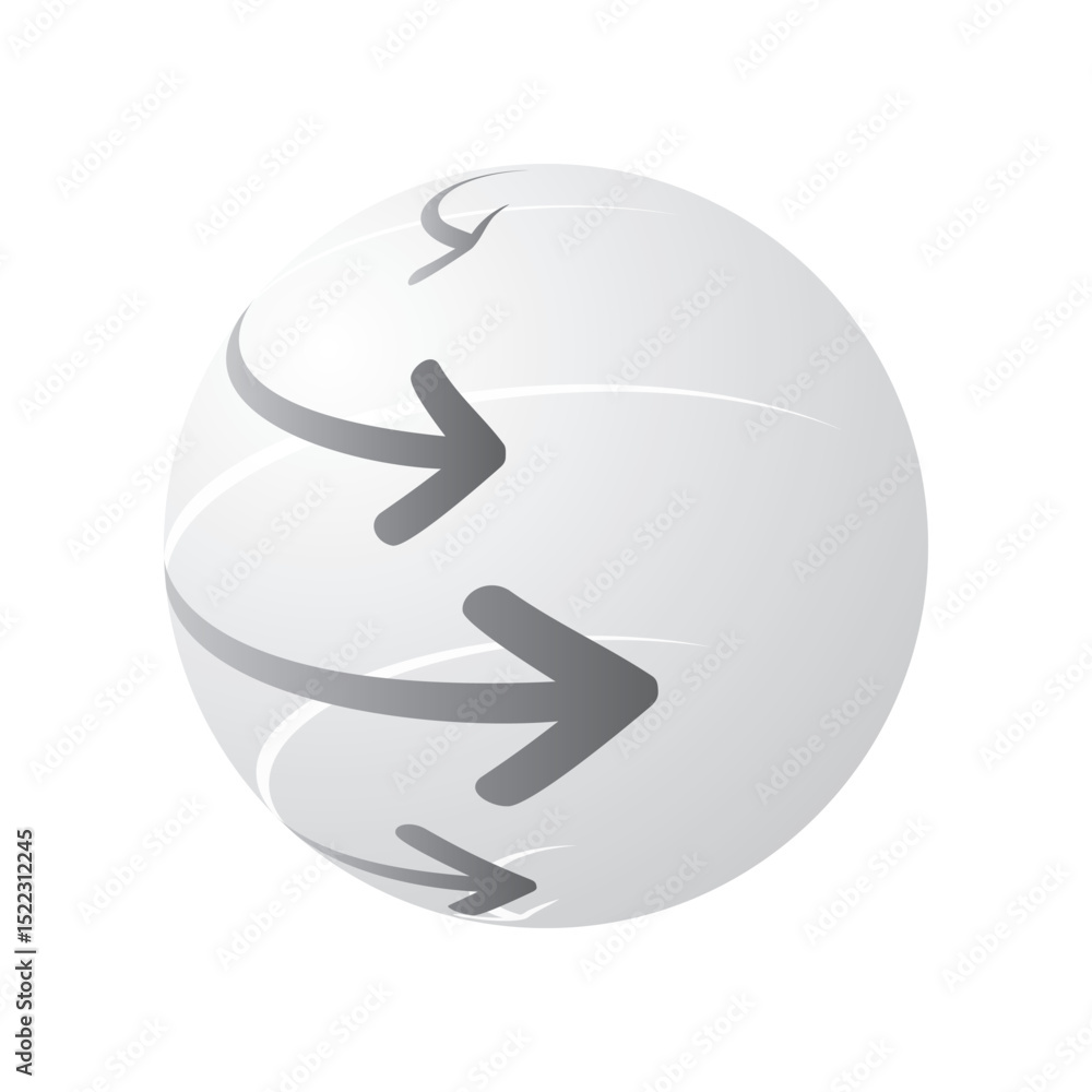Poster an abstract 3d sphere design with directional arrows sweeping across its surface, symbolizing digita
