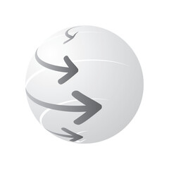 An abstract 3d sphere design with directional arrows sweeping across its surface, symbolizing digital flow, data movement, or global connectivity on a clean white background. Black and white graphics.