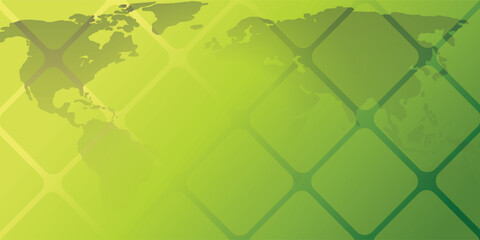 Abstract vector background featuring a dark world map overlaid with a semi-transparent rounded square grid in green and yellow tones, symbolizing global technology and digital connectivity.