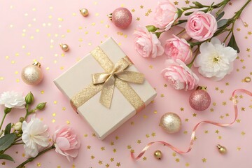 Elegant Pink Flat Lay with Gift Box, Flowers, and Glitter Ornaments for Celebration