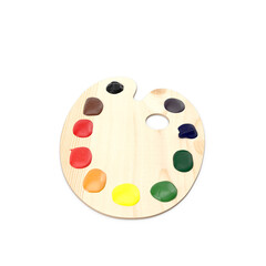 Wooden Artist Palette with Colorful Paint Blobs Isolated on Transparent Background