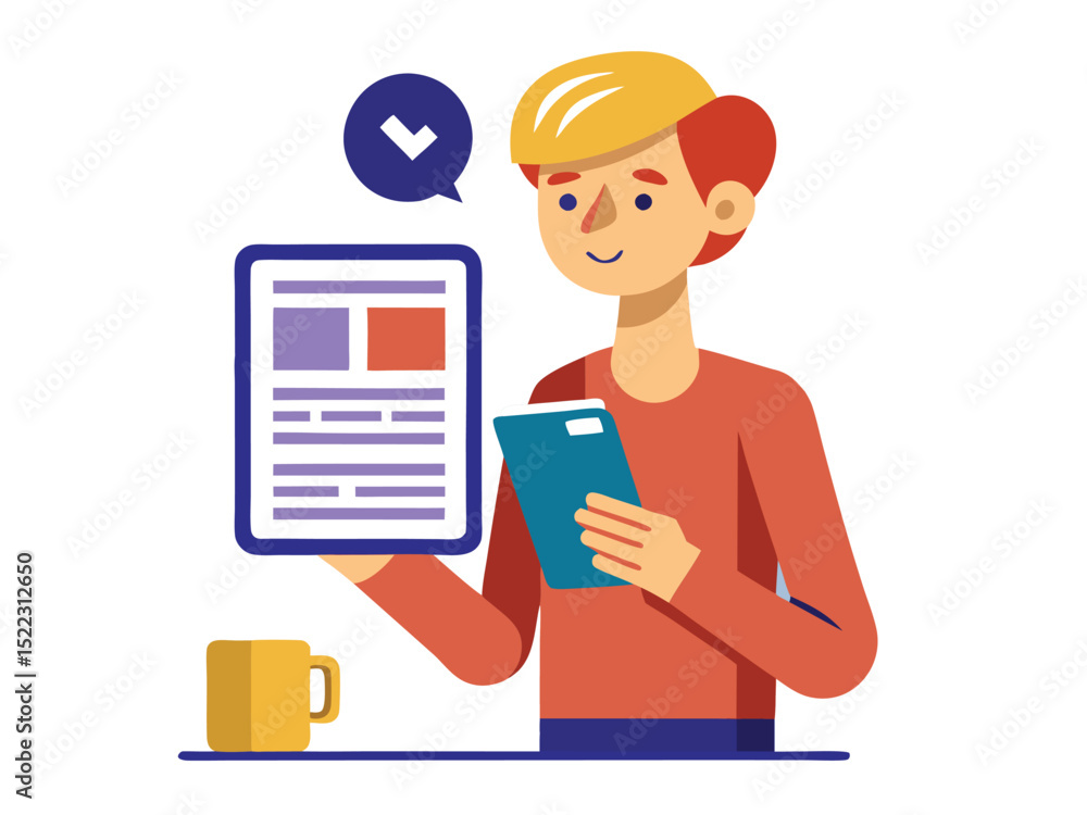 Poster man using tablet for business communication and information