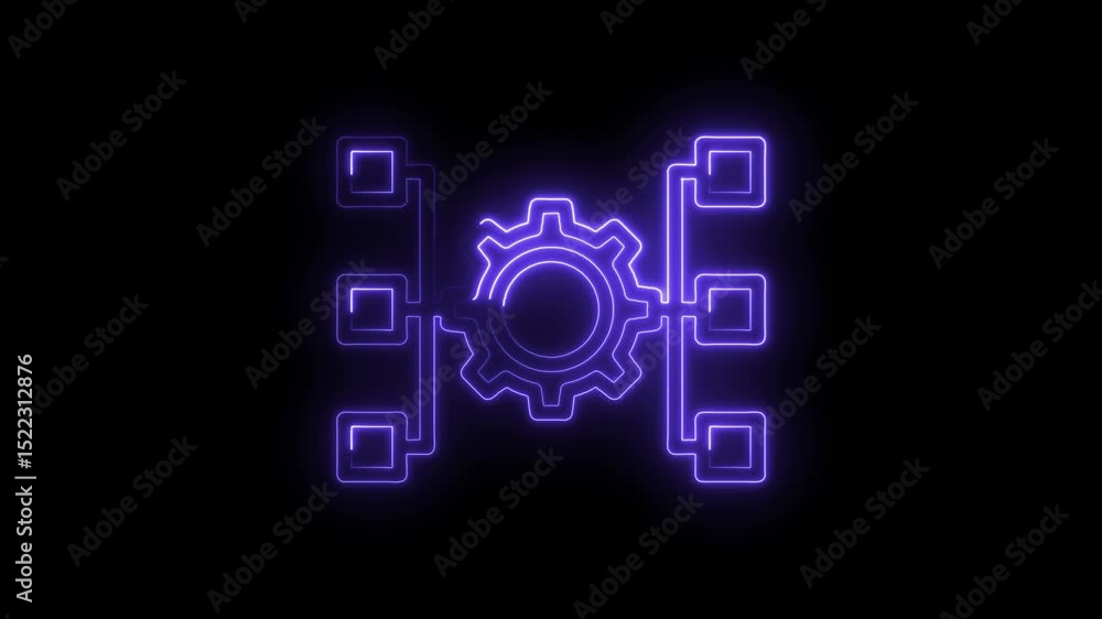 Aufkleber neon purple workflow automation diagram showing system processes connected to a central cogwheel