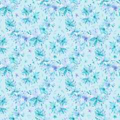 Watercolor floral seamless pattern. Fashion digital print. Repeating colorful abstract flowers design. Lilac, blue, purple abstract flowers backgroung for textile, fabric, wallpaper, scrapbooking