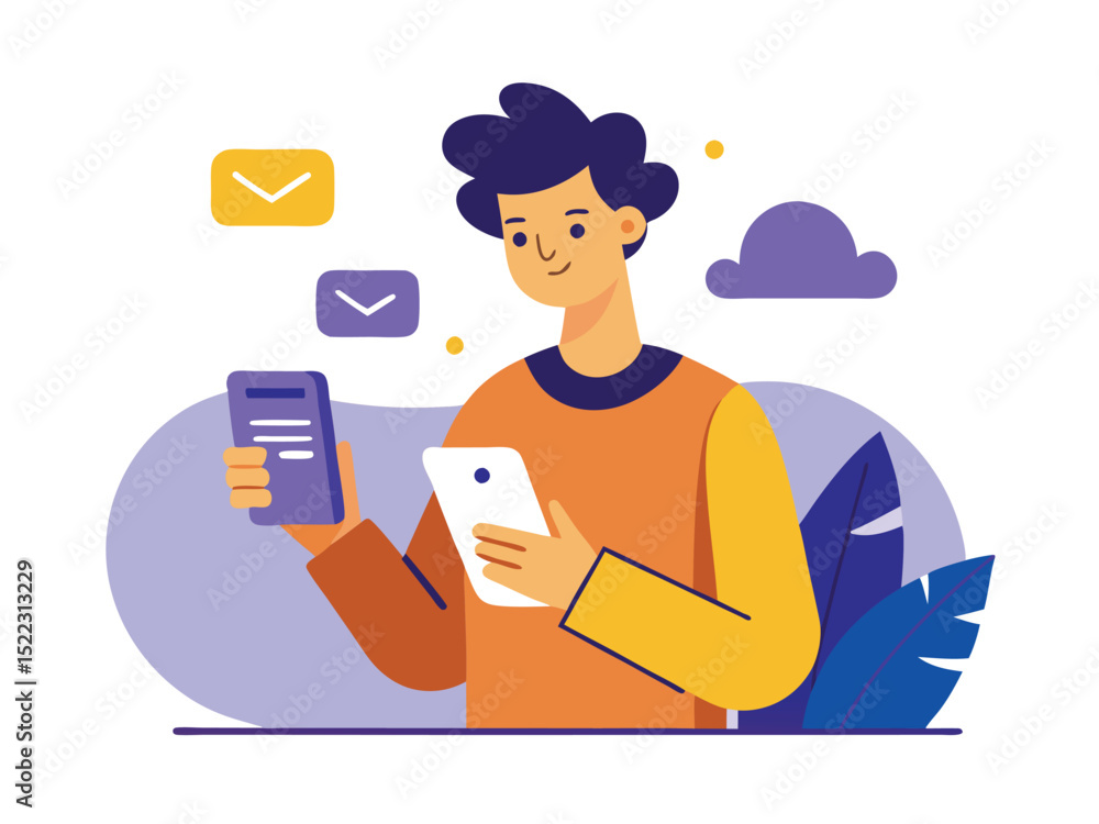 Poster man using mobile phone vector illustration and communication