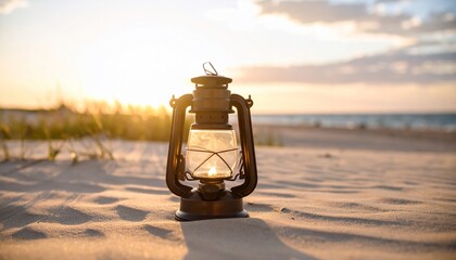Sunset Serenity: A Lighted Lantern on a Sandy Beach