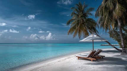 Obraz premium Tropical paradise beach with white sand, palm trees and lounge chairs under umbrella by turquoise sea perfect for travel agency promos, summer getaway visuals and resort lifestyle ads