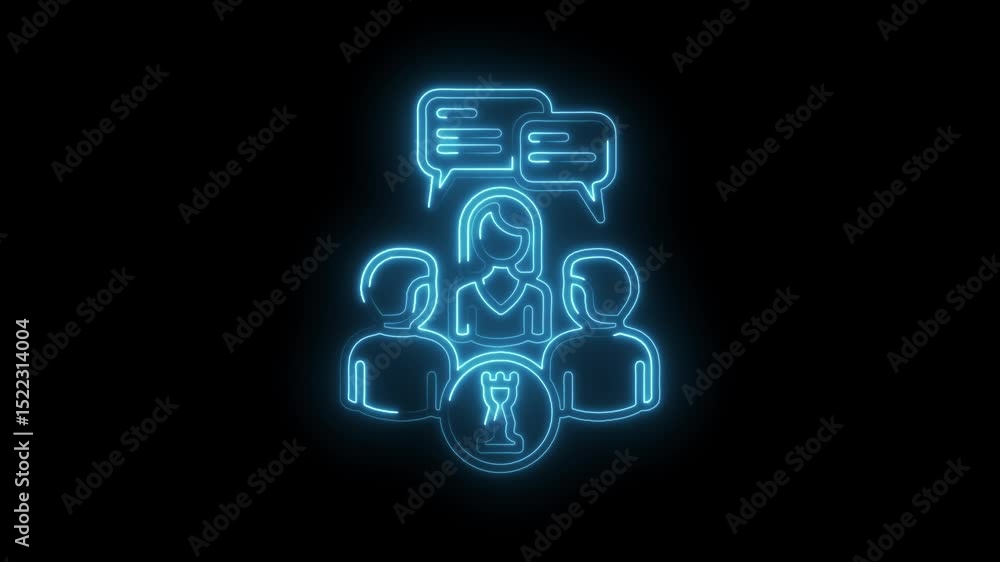 Poster blue neon teamwork communication and strategy icon animation on black background for digital concept