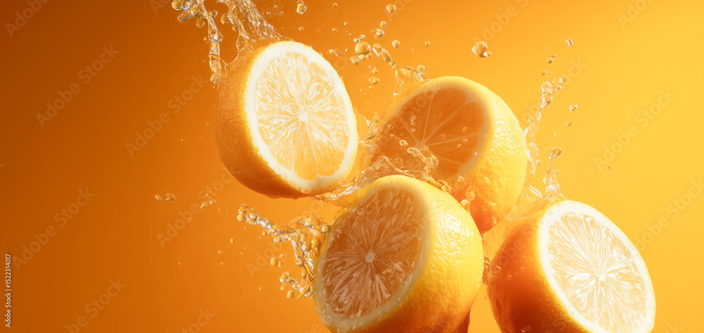 Poster slices of fresh lemons are splashing into clear water, creating cheerful droplets. the vibrant orang