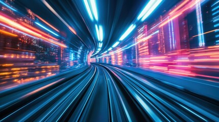 Fototapeta premium High-speed train navigates through a futuristic cityscape at night among illuminated skyscrapers and vibrant lights