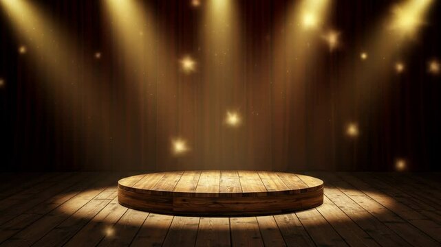 Classic stage scene with wooden floor, red curtains, and focused spotlight, ready for a dramatic entrance

