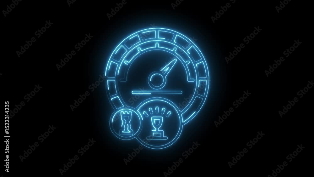 Poster neon speedometer animation with chess piece and trophy icons for business performance metrics