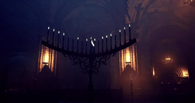 A grand cathedral interior is illuminated by flickering candles, casting mysterious shadows. The ambient light highlights intricate architectural details, creating an ethereal atmosphere.