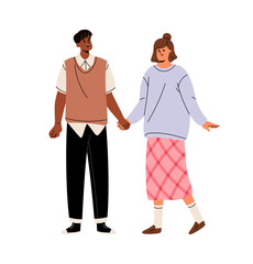 Fototapeta premium Cute interracial couple holds hands. Diverse lovers in romantic relationships love each other. Happy friends standing together. International friendship. Flat isolated vector illustration on white