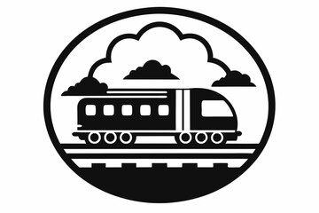 Black train with clouds in a circular frame icon halloween, vector, silhouette,  illustration, horizontal, isolated assets,