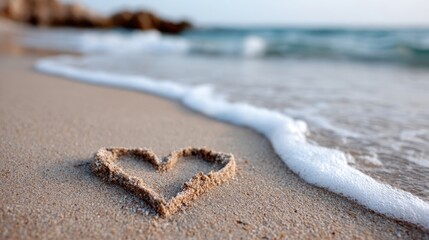 Heart shape drawn in smooth sand on beach shoreline with gentle wave approaching, perfect for romantic travel campaigns, love-themed visuals and summer greeting card backgrounds