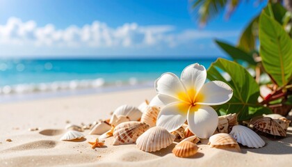 Tropical Beach Paradise: Seashells, Plumeria Flower, and Azure Ocean