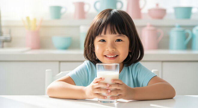 A little asian girl holding a glass of milk at a bright kitchen table. Happy child drinking healthy beverage for growth. - Powered by Adobe