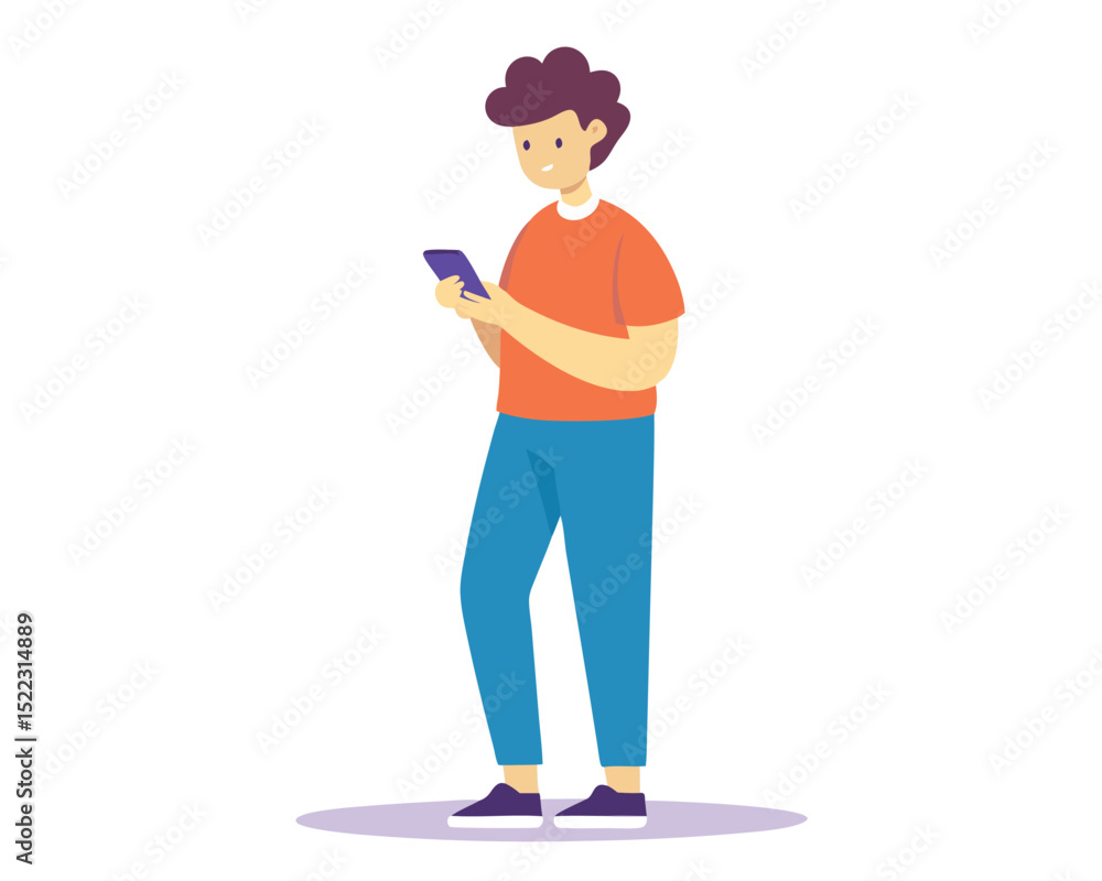 Poster man using phone illustration mobile app vector design art