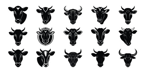 Fototapeta premium Farm Animal Silhouette Set – Bull and Cow Face Vectors for Livestock Logo and Ranch Decor