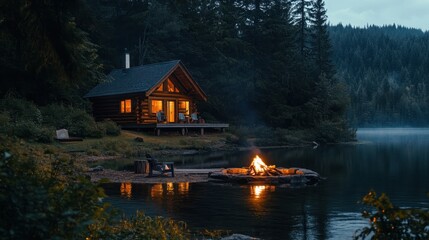 Fototapeta premium Cozy wooden cabin by a tranquil lake at dusk with a glowing campfire and reflections on the water