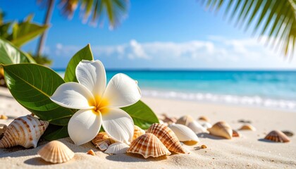 Tropical Beach Paradise: Plumeria Flower and Seashells on White Sand