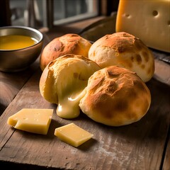 Warm, freshly baked Brazilian cheese bread (pão de queijo) oozing with melted cheese. A delicious snack or breakfast treat. 