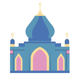 Bold blue mosque with decorative domes and minarets. Great for festive Ramadan banners, religious posters, or Islamic-themed educational illustrations.

