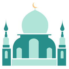 Flat green mosque vector with crescent moon and twin minarets. Ideal for Islamic themes, Eid celebrations, and Ramadan-related graphic design content.

