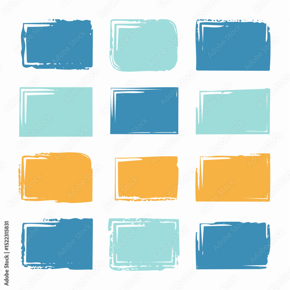 Aufkleber a collection of twelve hand-drawn rectangular frames in various colors with textured edges and a whi